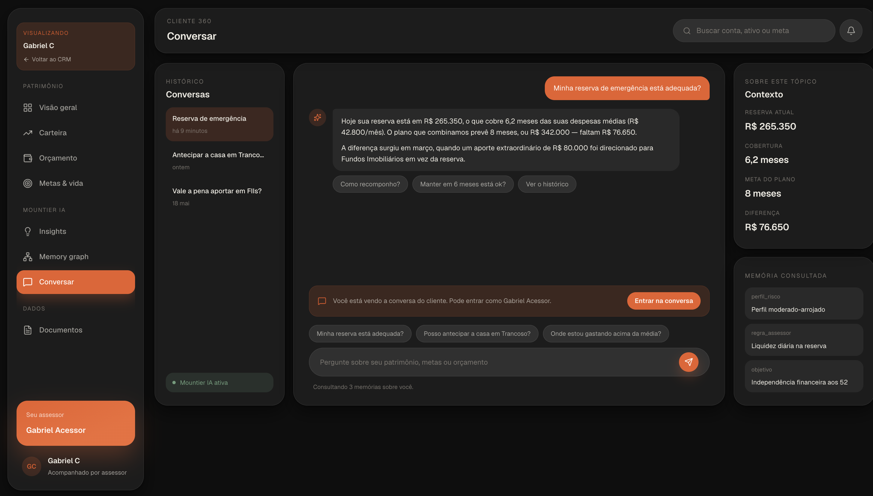 Tela Conversar do Mountier Pro em tema escuro
